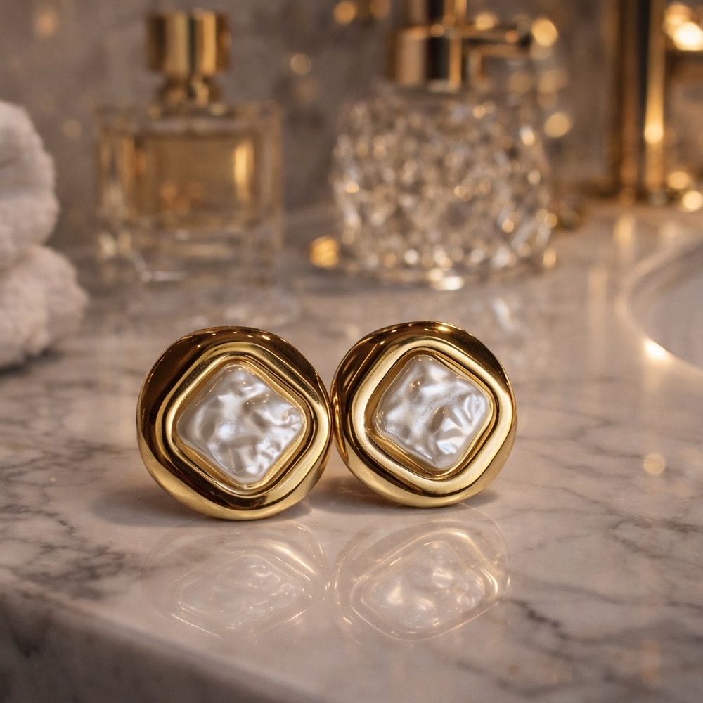 Gold and White Stud Earrings Chunky Earrings